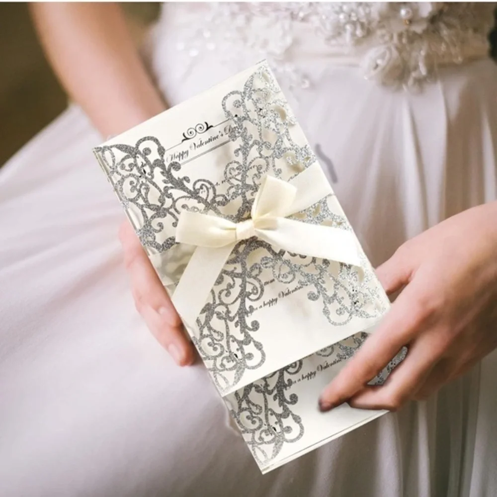 Elegant Cream and Silver Wedding Invitation with Bow